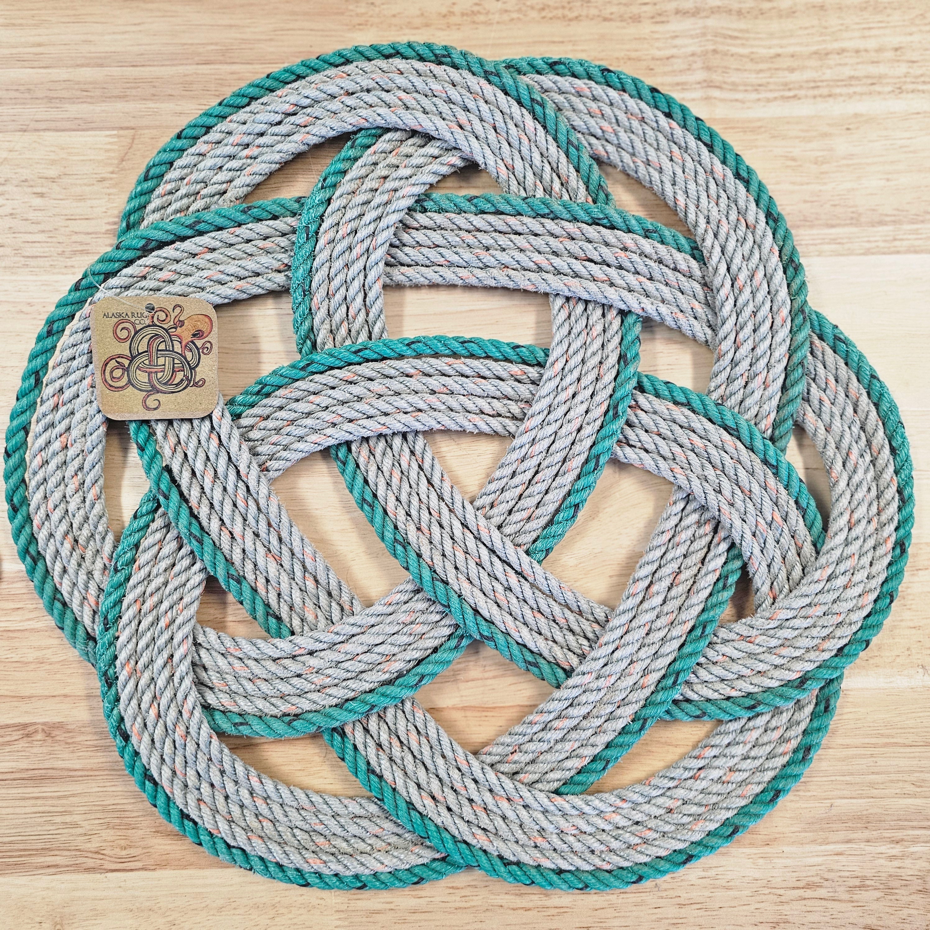 Handmade silver nautical rope trivets and bowls made from salvaged Alaskan fishing line