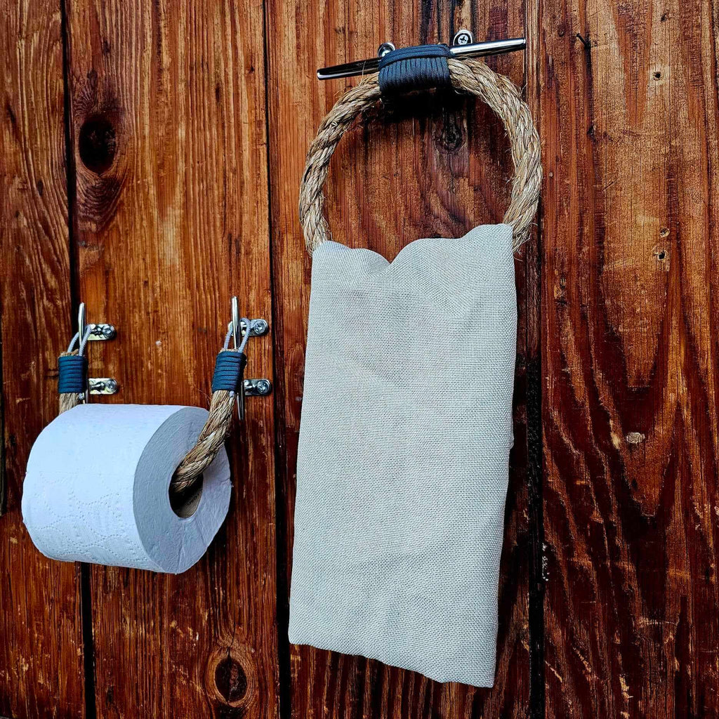 Manila Rope and Stainless Steel Cleat Towel Ring & Toilet Paper Holder Set  | Nautical Bathroom Decor