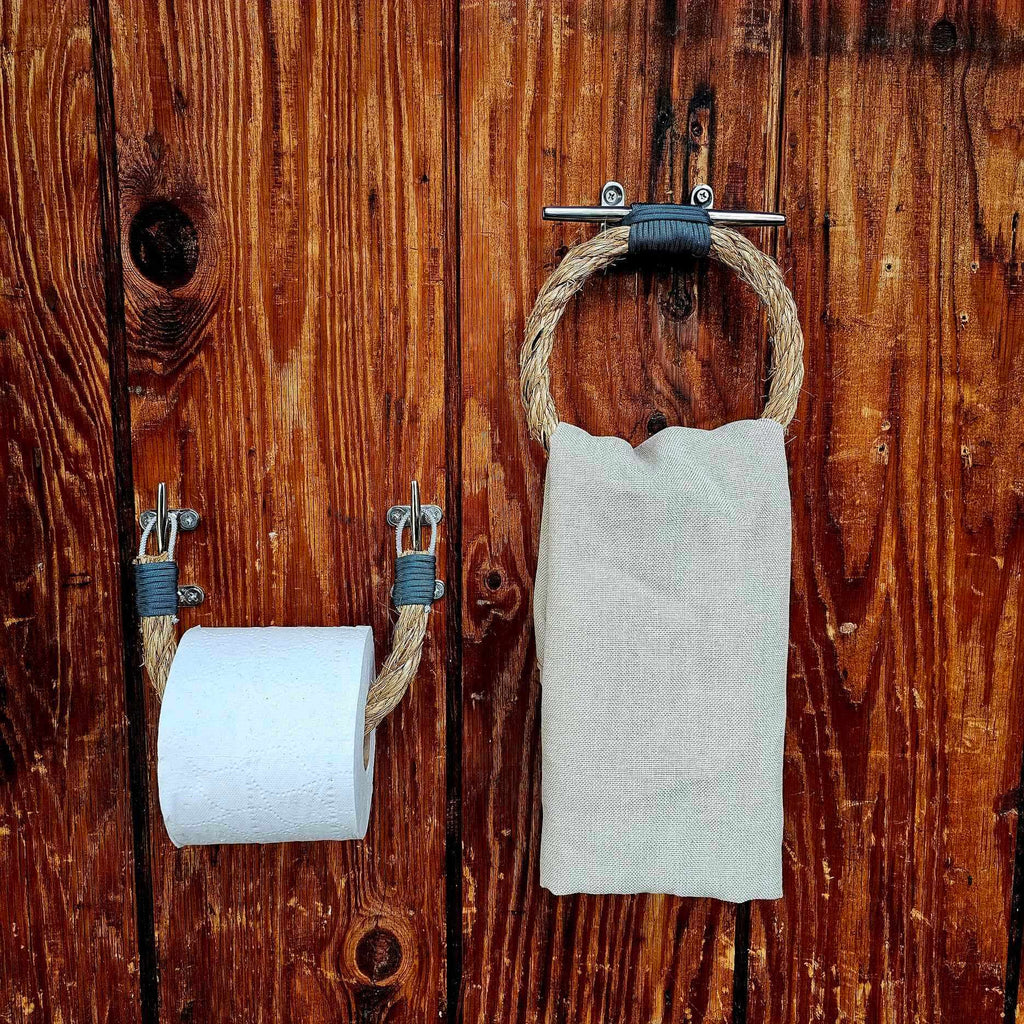 Manila Rope and Stainless Steel Cleat Towel Ring & Toilet Paper Holder Set  | Nautical Bathroom Decor