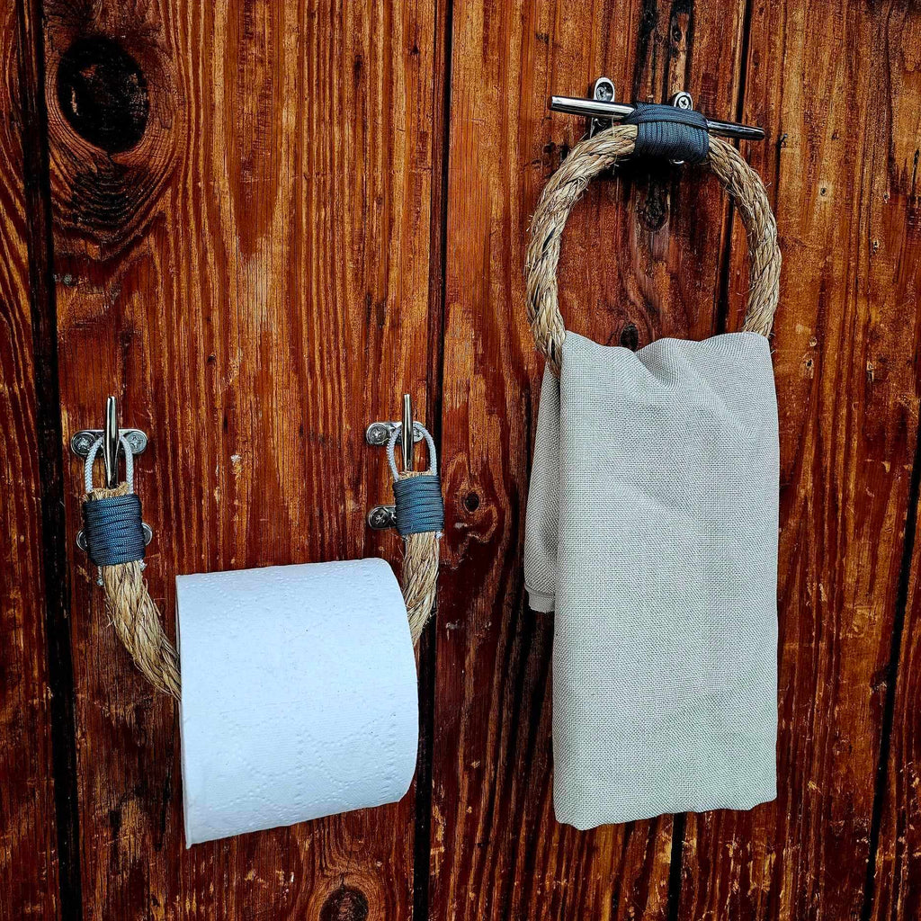 Manila Rope and Stainless Steel Cleat Towel Ring & Toilet Paper Holder Set  | Nautical Bathroom Decor