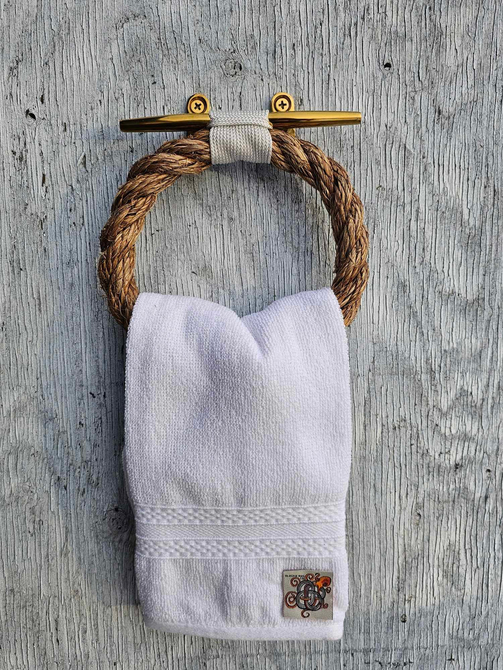 Manila Rope Towel Ring with Brass Cleat | Nautical Bathroom Decor