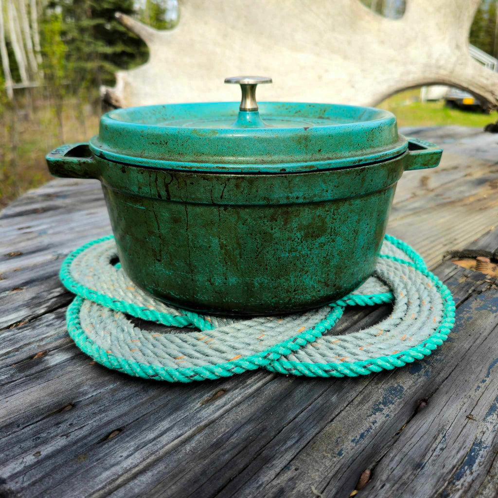 Silver & Green 5-Star Recycled Rope Trivet | Handwoven in Alaska