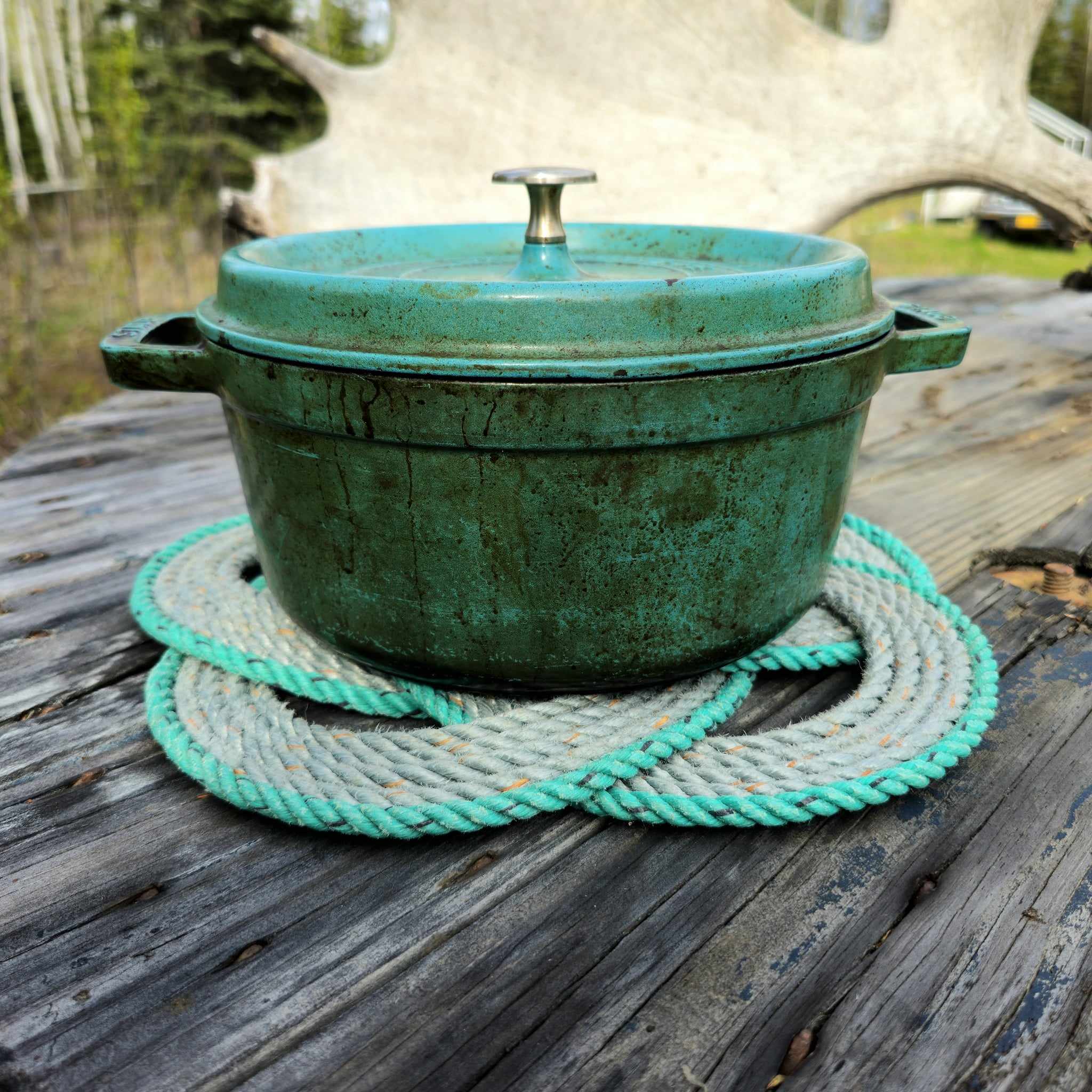 Silver & Green 5-Star Recycled Rope Trivet | Handwoven in Alaska