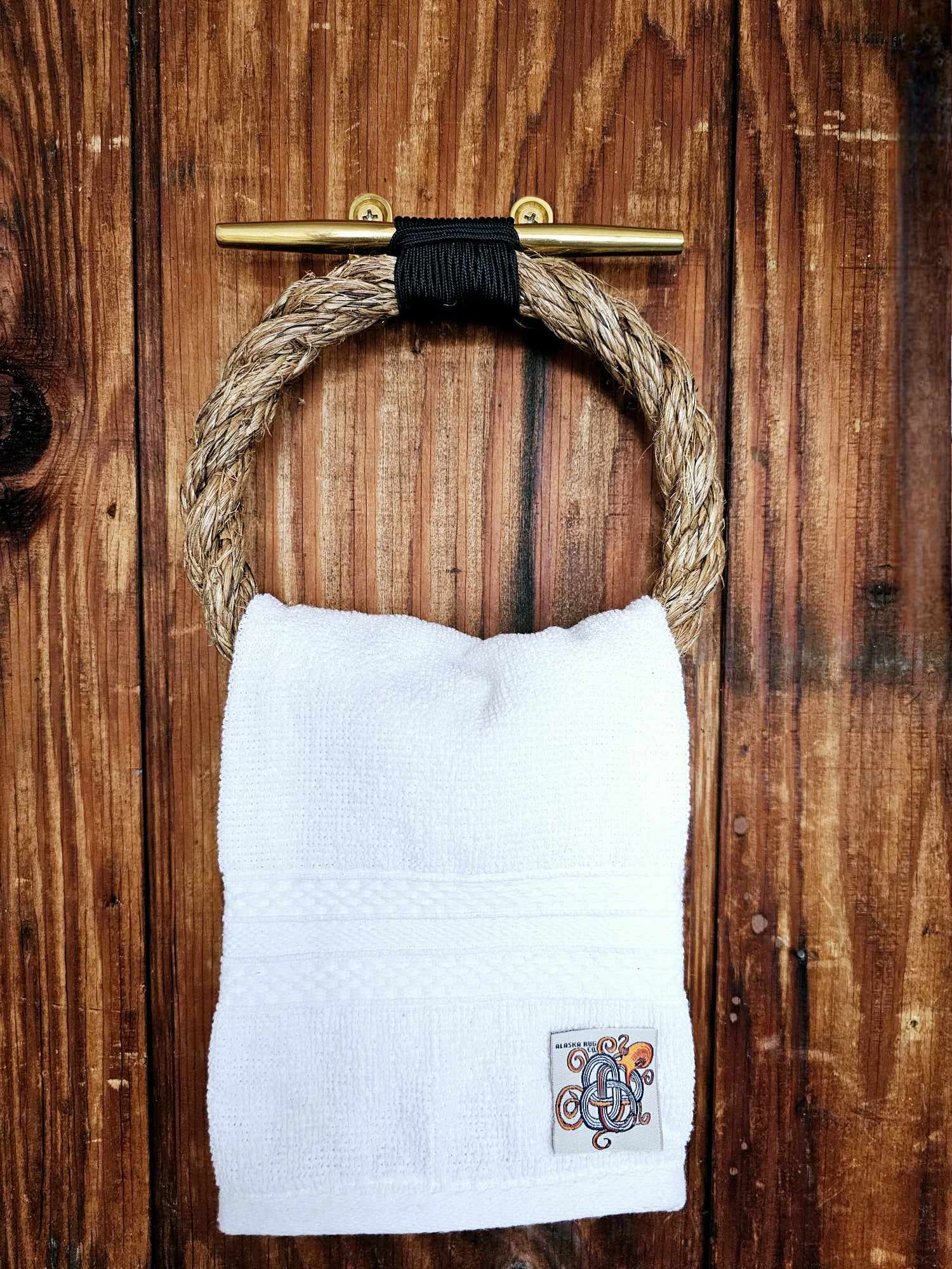 Manila Rope Towel Ring with Brass Cleat | Nautical Bathroom Decor