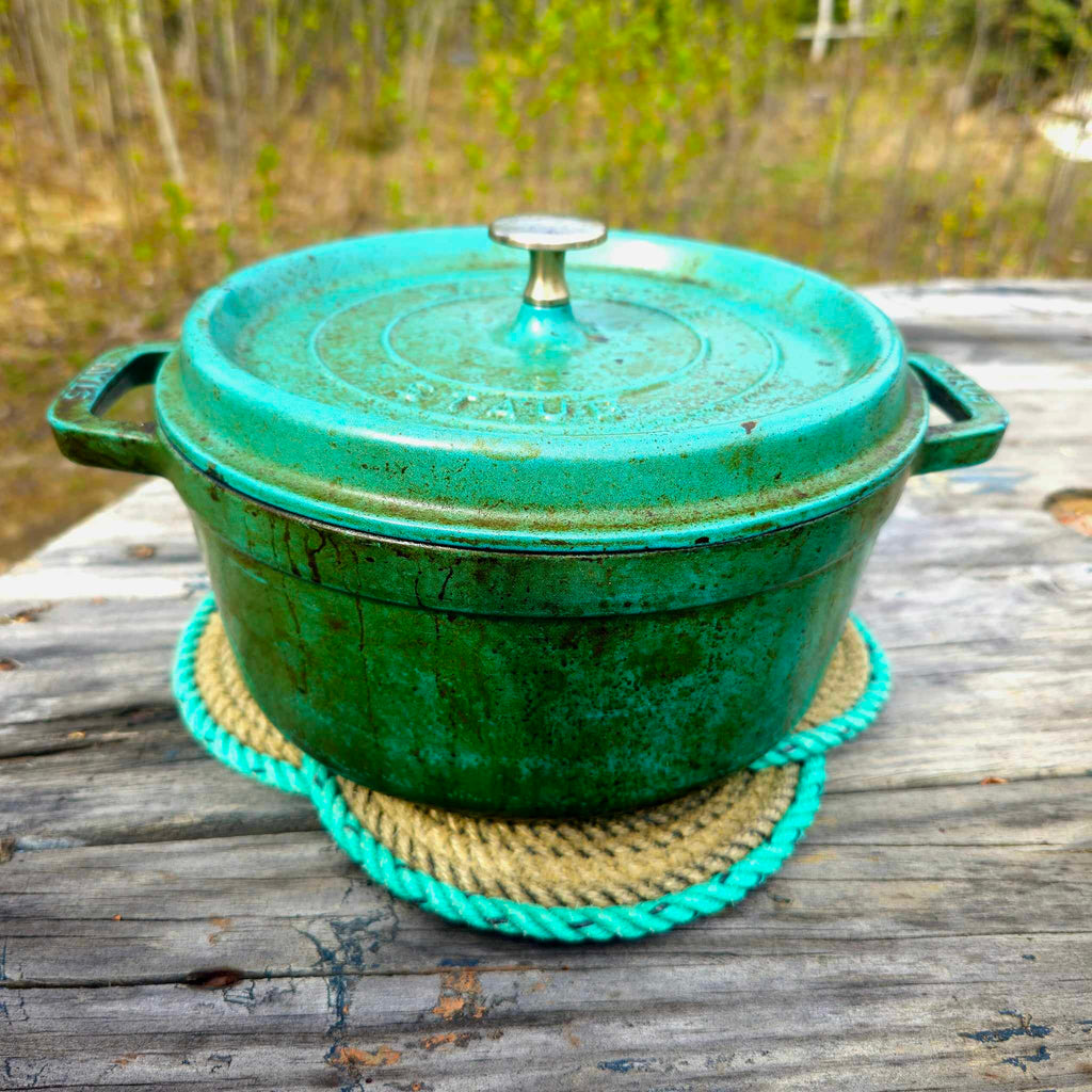 Natural Tan & Green Recycled Rope Trivet | Handwoven in Alaska