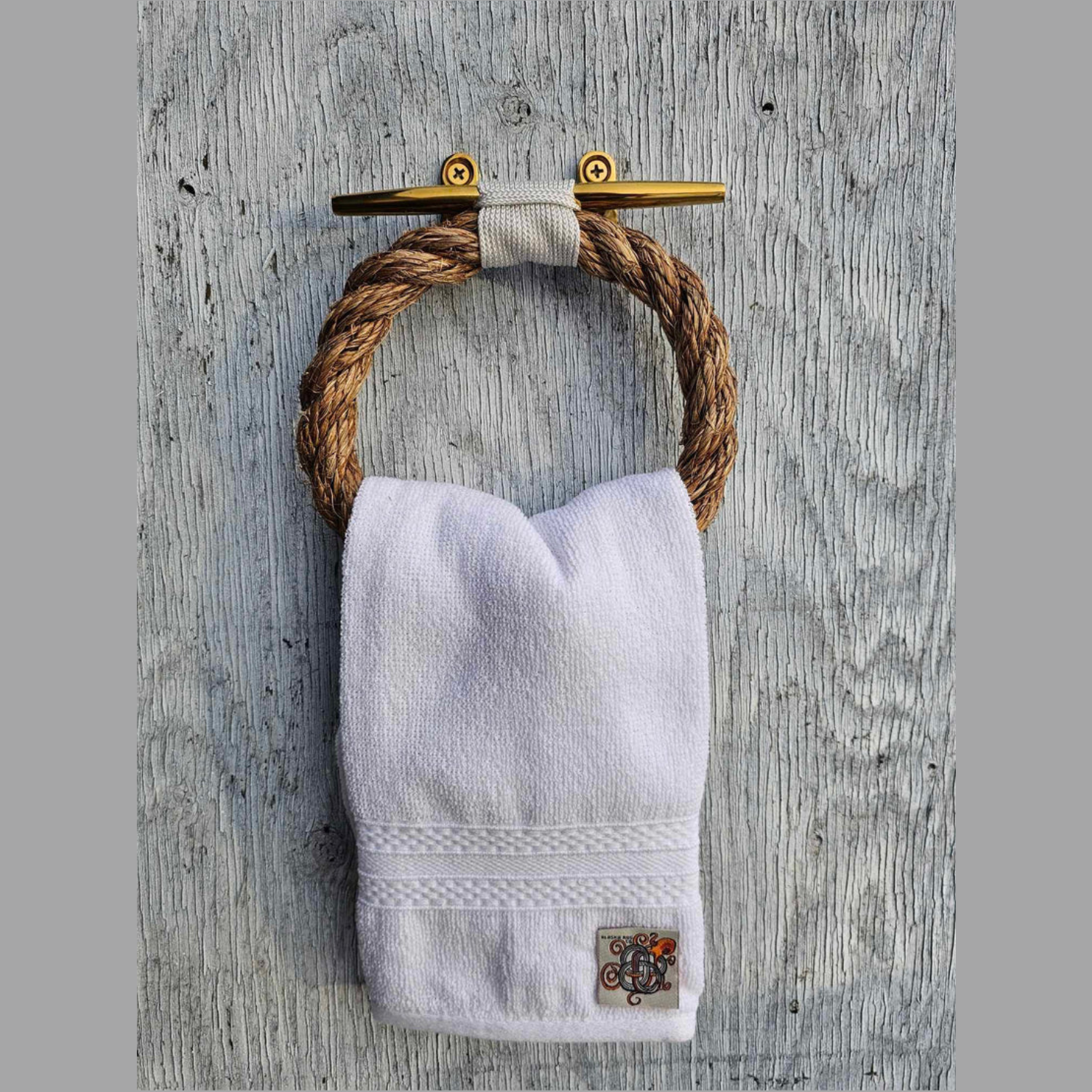 Manila Rope Towel Ring with Brass Cleat | Nautical Bathroom Decor