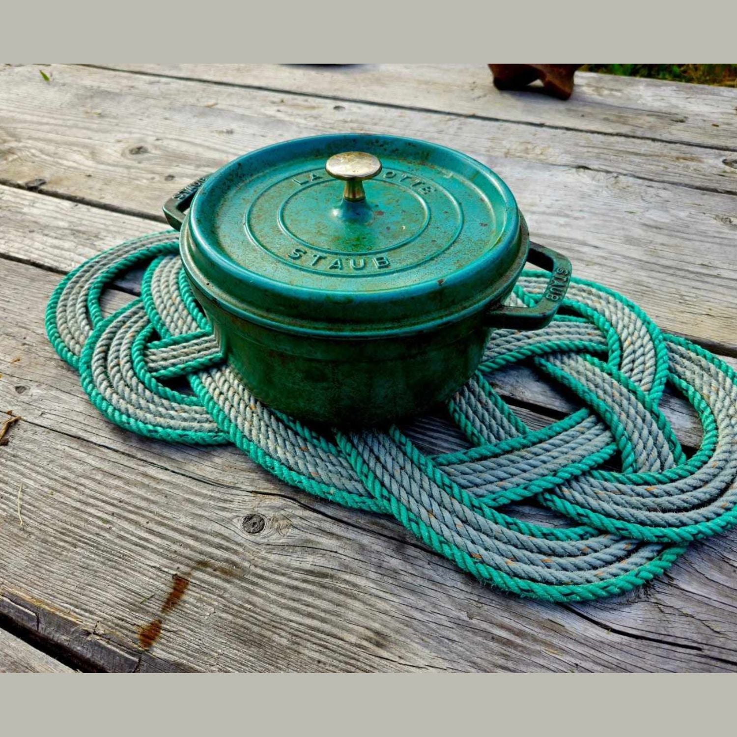 Silver & Deep Sea Green Recycled Rope Centerpiece Trivet | Handwoven in Alaska
