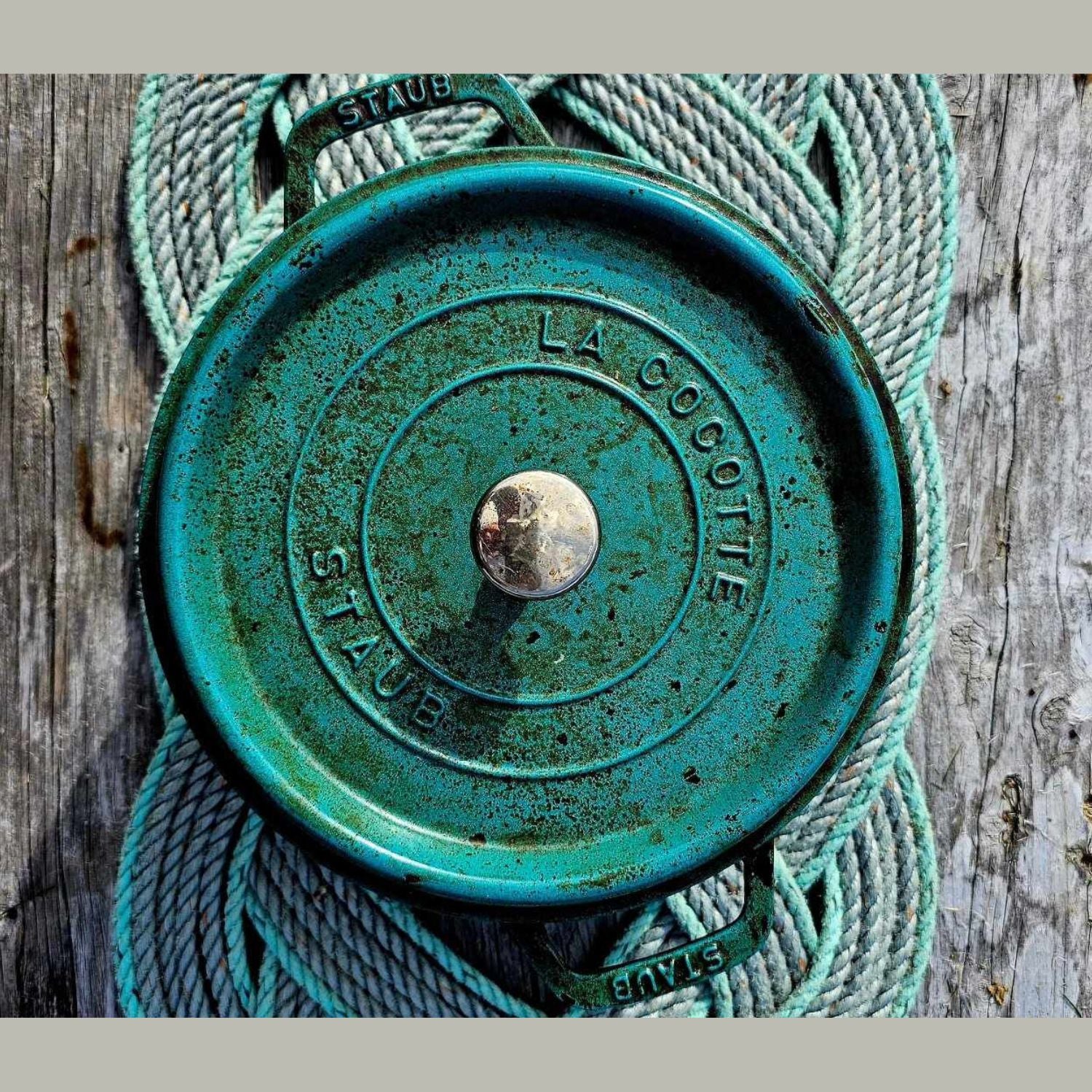 Silver & Deep Sea Green Recycled Rope Centerpiece Trivet | Handwoven in Alaska