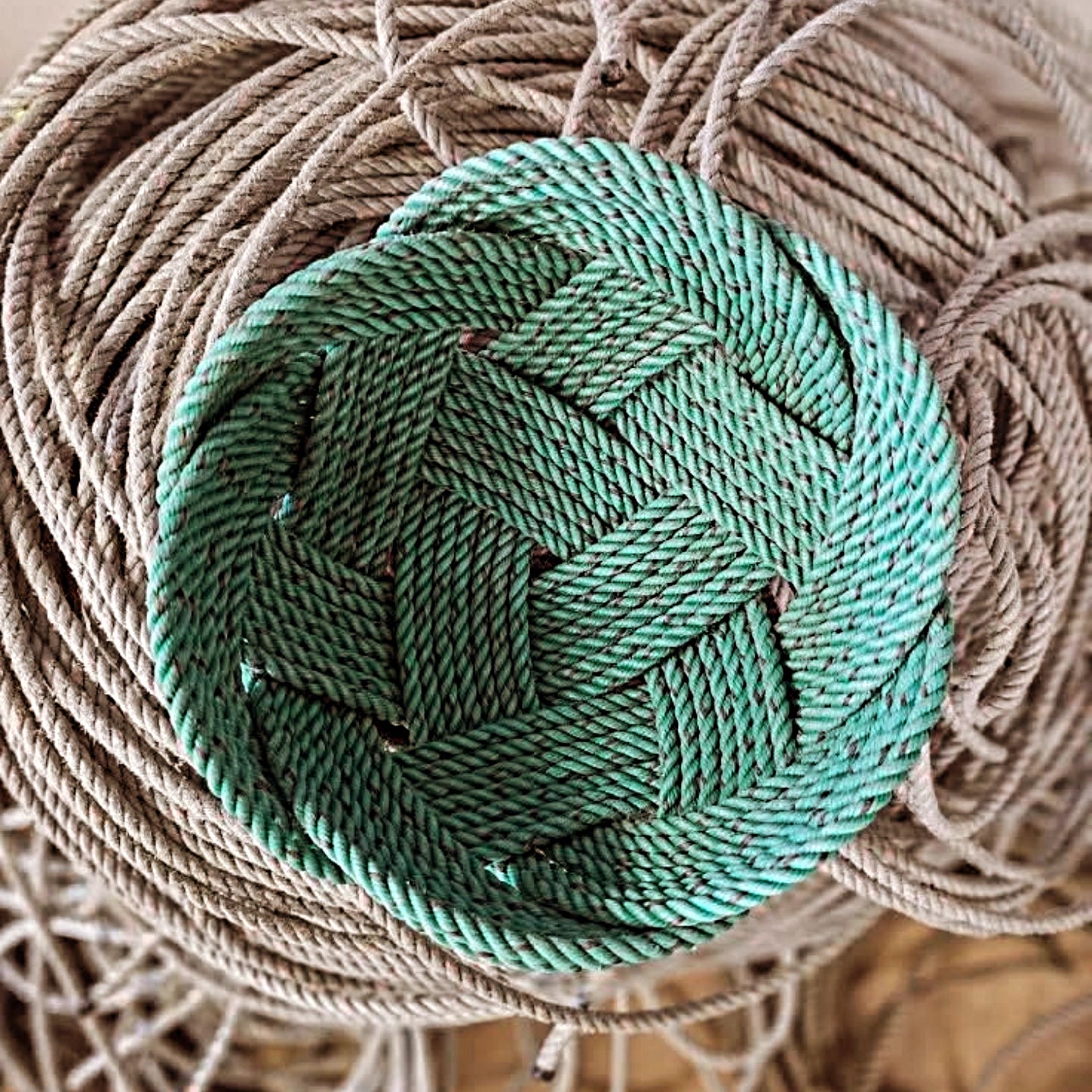 Deep Sea Green Handwoven Rope Bowl | Large Recycled Alaskan Fishing Rope Centerpiece