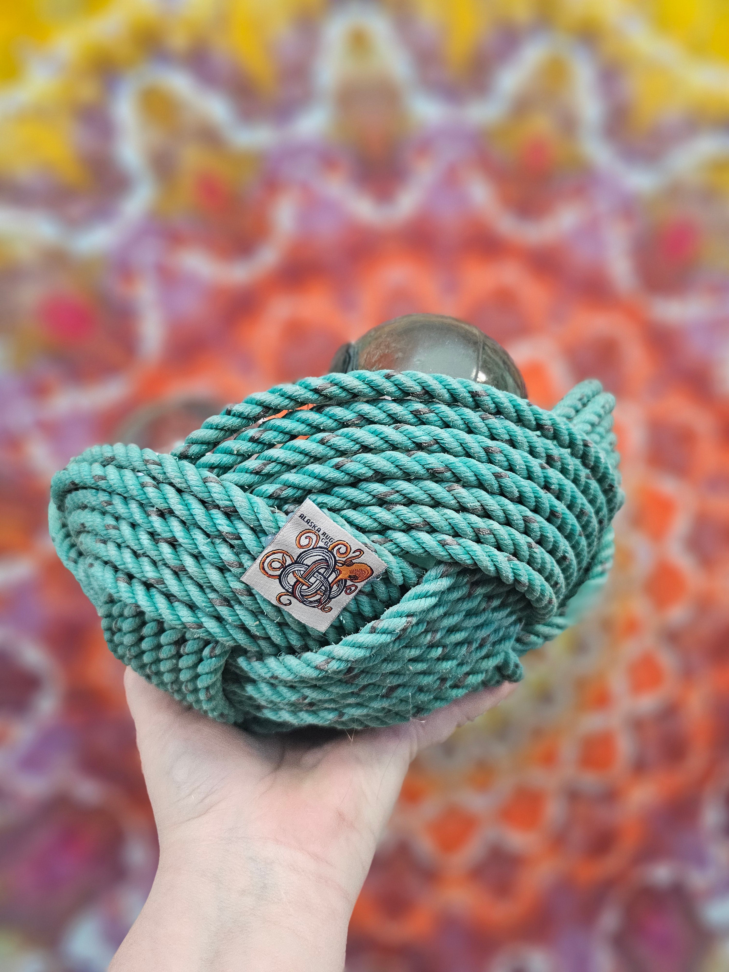Deep Sea Green Handwoven Rope Bowl | Large Recycled Alaskan Fishing Rope Centerpiece
