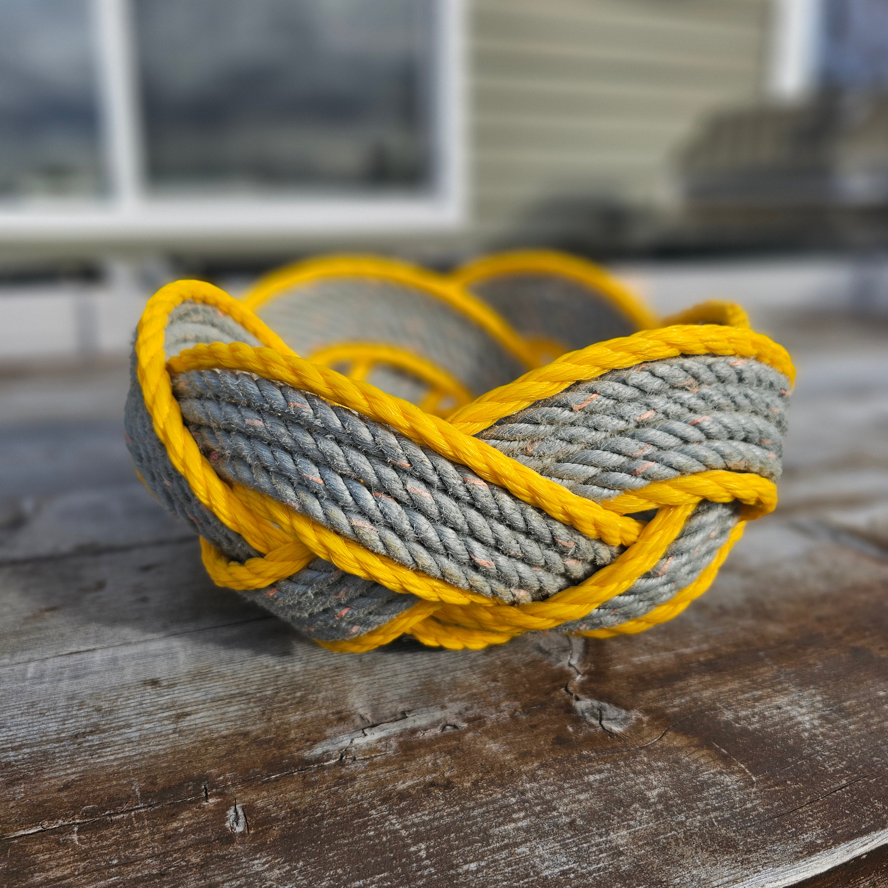 Grey & Yellow Large Handwoven Rope Bowl | Robust Recycled Alaskan Fishing Rope