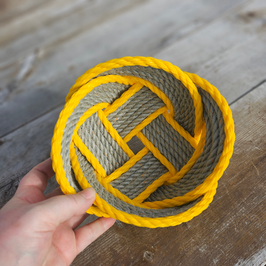 Silver & Yellow Handwoven Rope Basket | Recycled Alaskan Fishing Rope Decor