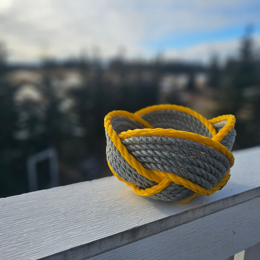 Silver & Yellow Handwoven Rope Basket | Recycled Alaskan Fishing Rope Decor