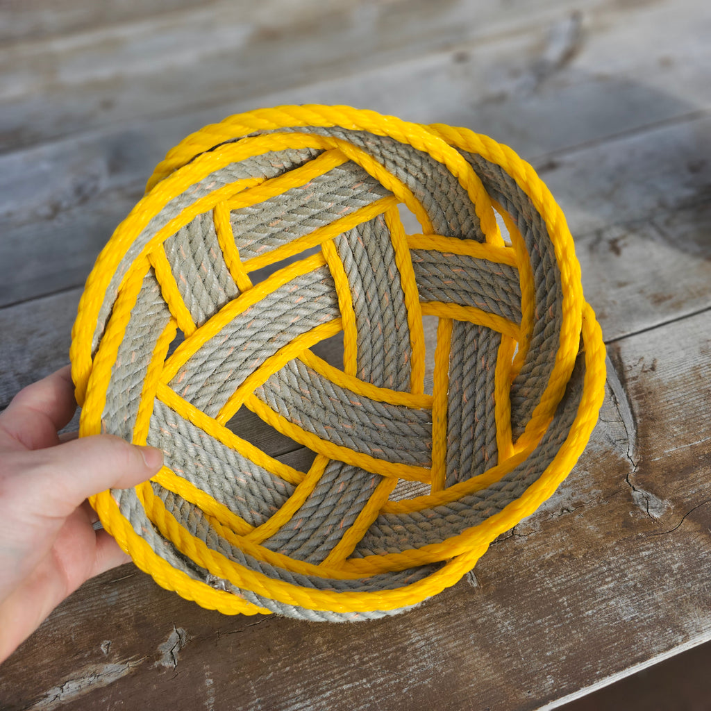 Grey & Yellow Large Handwoven Rope Bowl | Robust Recycled Alaskan Fishing Rope
