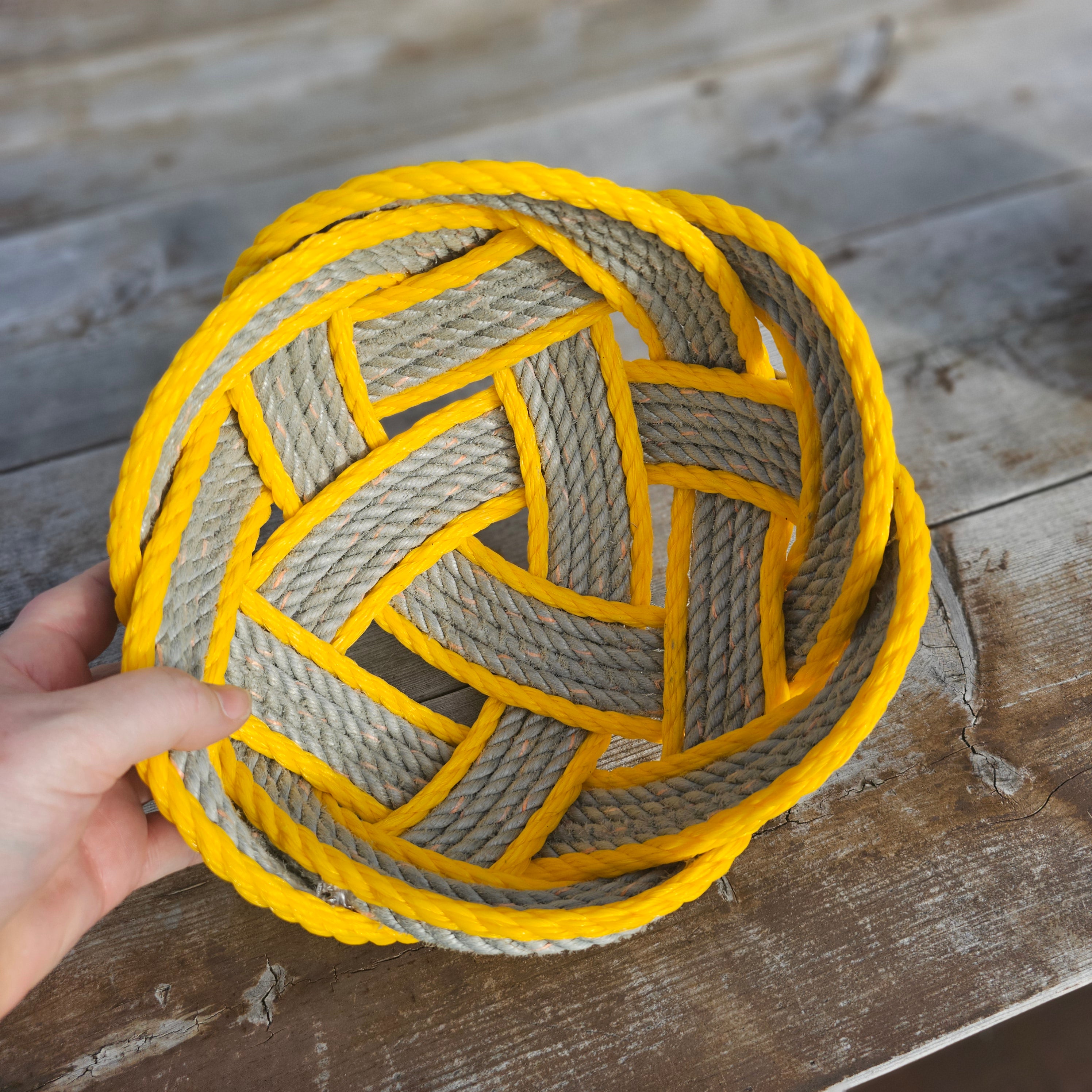 Grey & Yellow Large Handwoven Rope Bowl | Robust Recycled Alaskan Fishing Rope