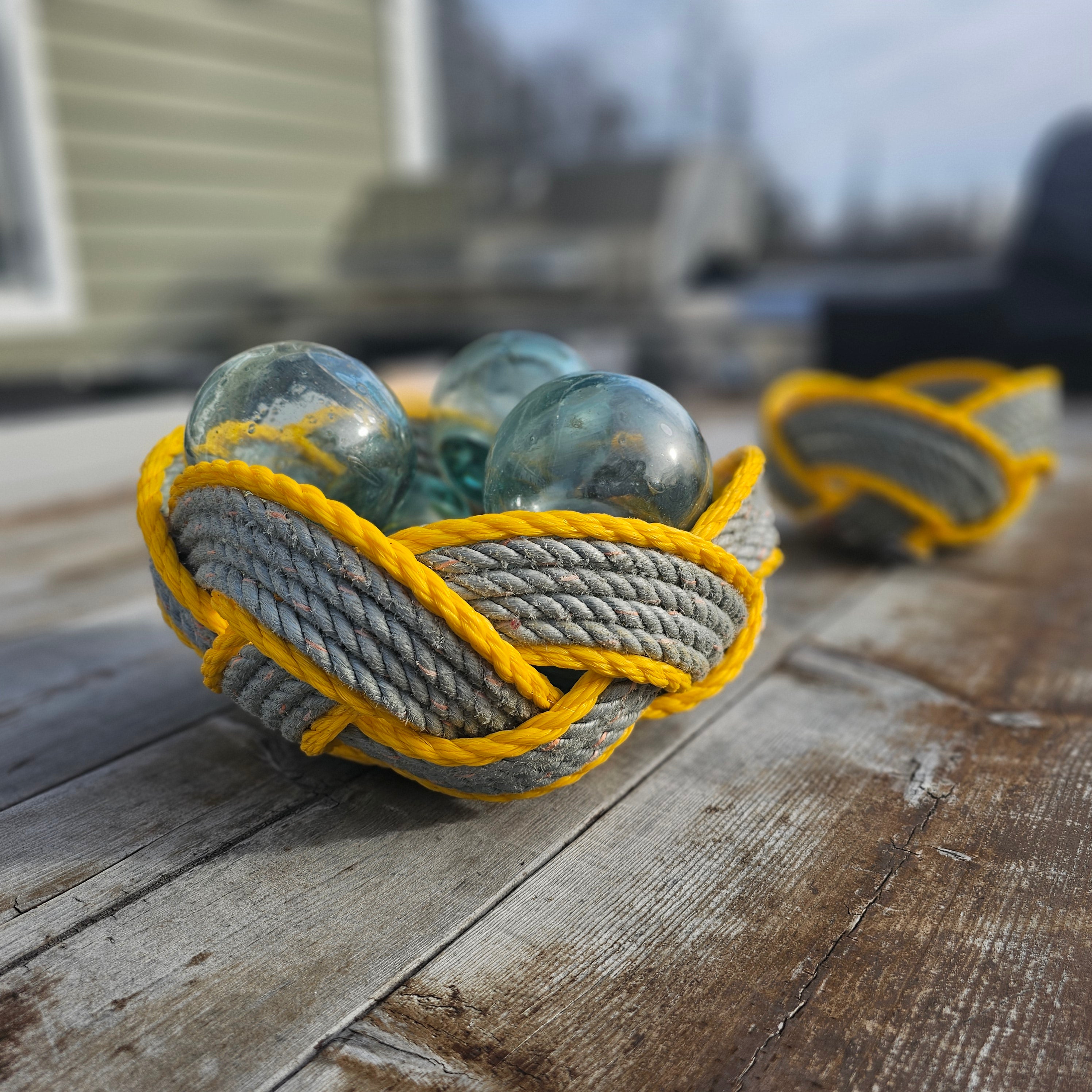 Grey & Yellow Large Handwoven Rope Bowl | Robust Recycled Alaskan Fishing Rope