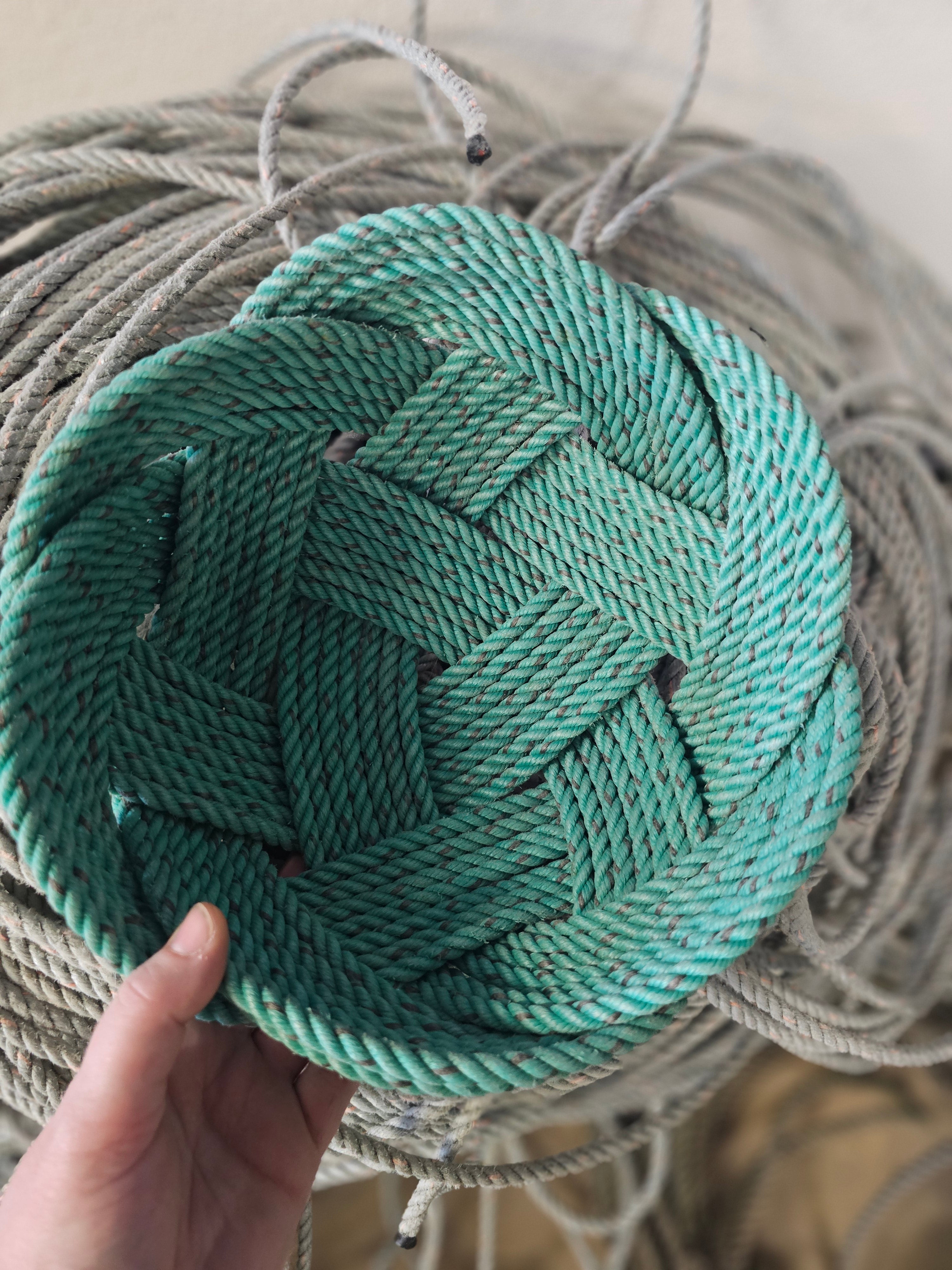 Deep Sea Green Handwoven Rope Bowl | Large Recycled Alaskan Fishing Rope Centerpiece